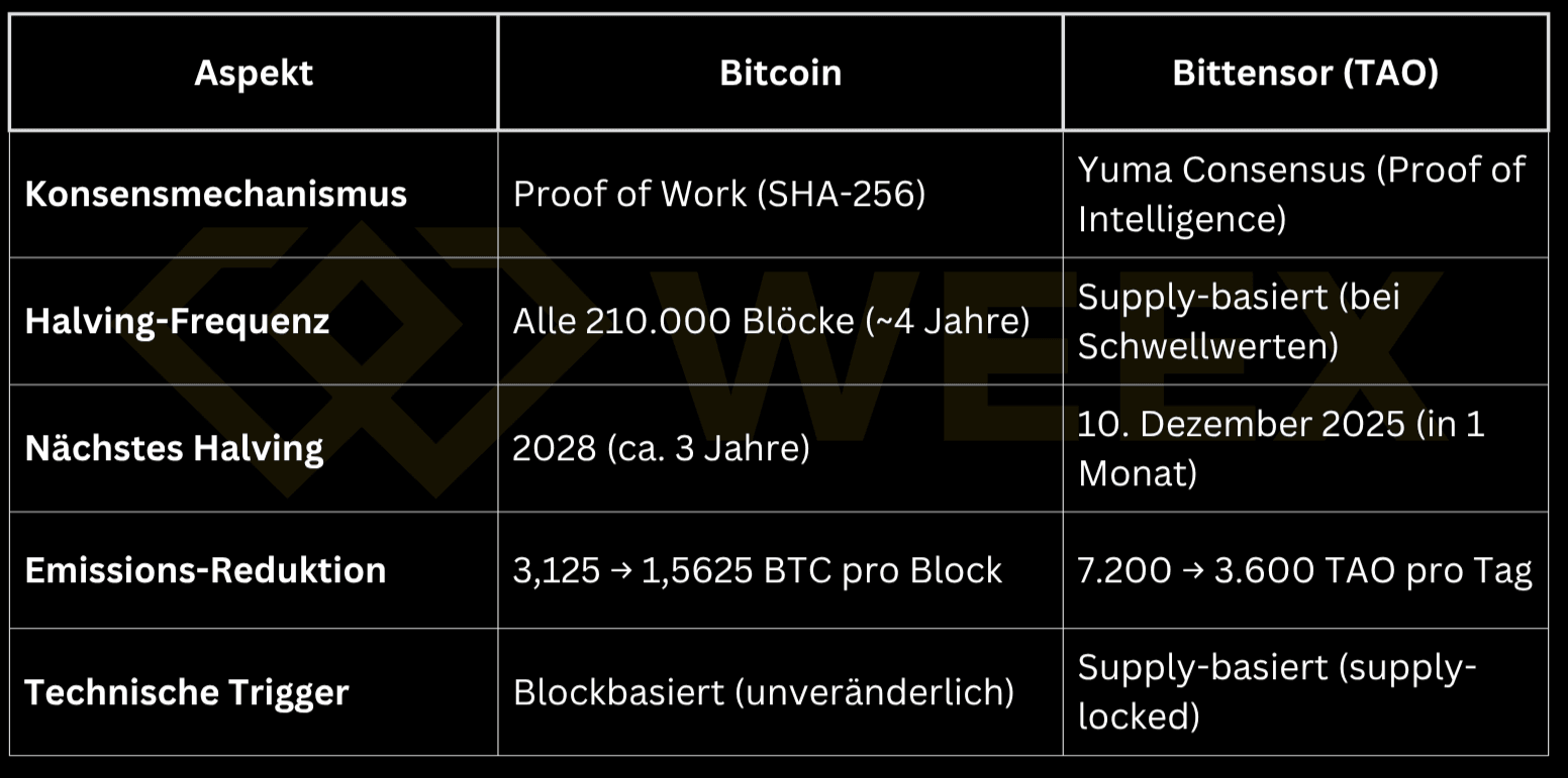 Bitcoin halves block-based every ~4 years, Bittensor halves supply-based at thresholds. Next TAO halving: December 10, 2025. Both reduce their emissions by about 50%.