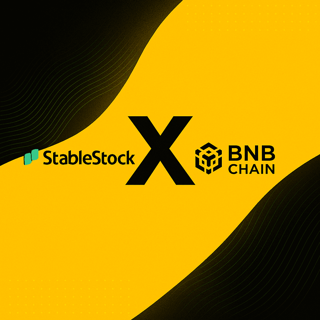 StableStock and BNB Chain logos with a large 'X' on a yellow-black background – symbol for a strategic partnership in the blockchain sector.