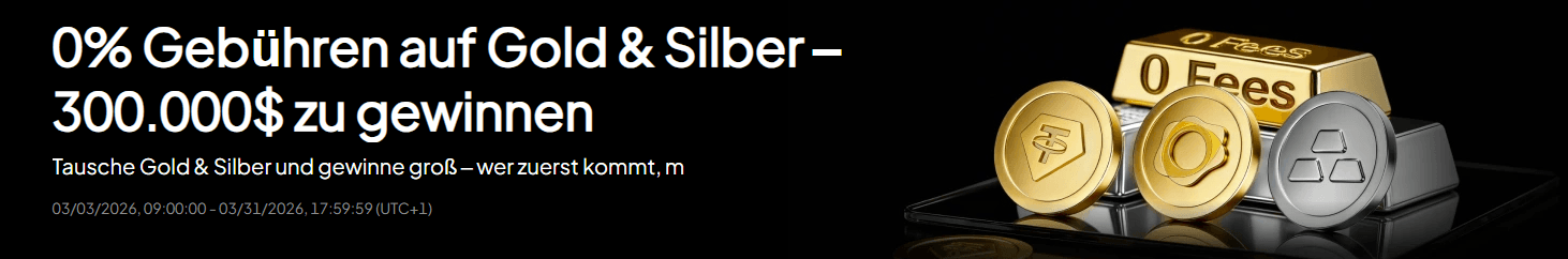 0% fees on gold & silver – $300,000 to be won (March 2026) with gold bars and coins on a black background.
